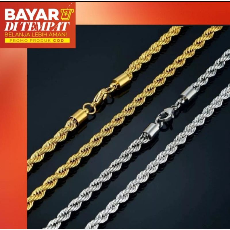 Kalung Tambang  Gold,Silver TITANIUM UK.60cm 1,5mm pria perhiasan Anti Karat&amp;Anti Luntur