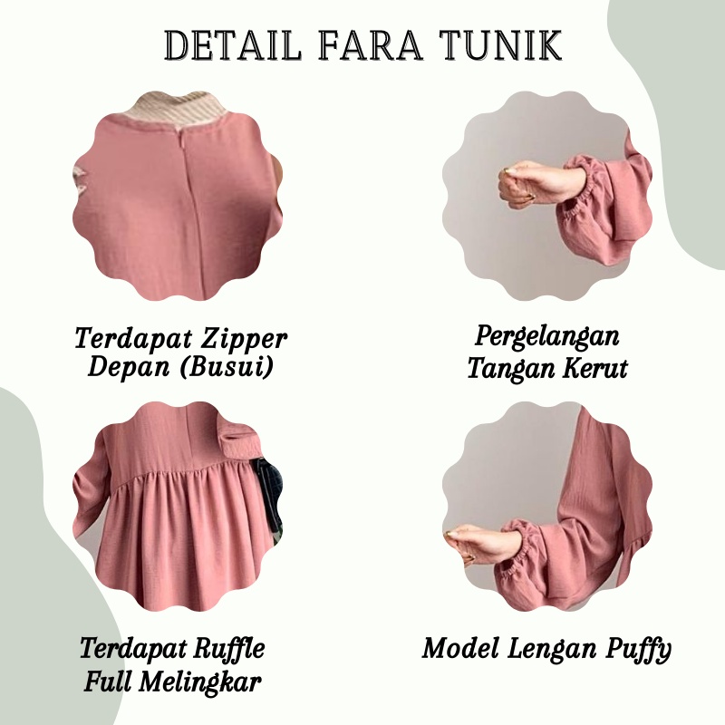 Atasan Wanita Fara Tunik Model Kekinian Zipper Depan Busui Bahan Crinkle Airflow Premium  One Size Fit To L+ Ld 108cm / Tunik Wanita Remaja Fashion Muslim Motif Polos