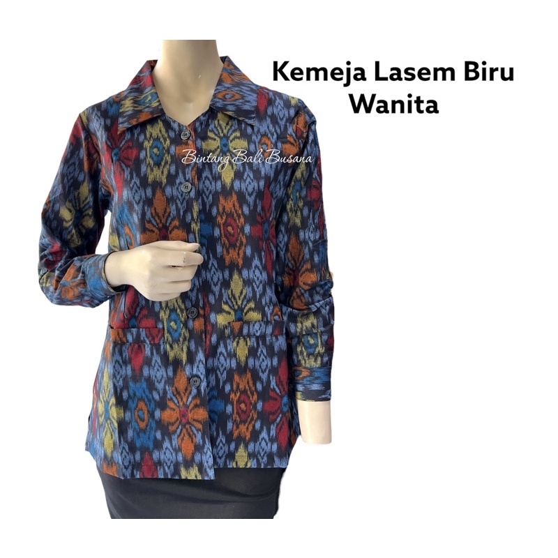 Kemeja Endek Batik Bali Katun Wanita Lengan Panjang Big Size Jumbo warna Biru Lasem