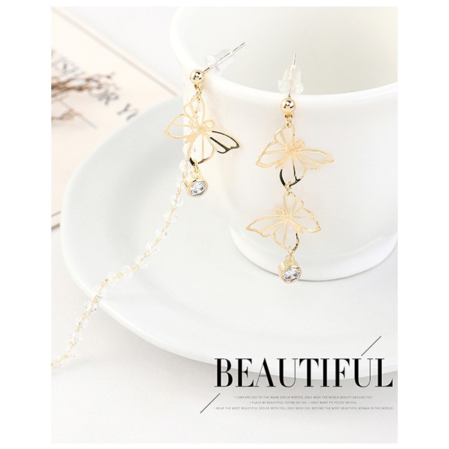 LRC Anting Tusuk Fashion Gold Plated Gold Asymmetrical Small Butterfly S925 Silver Needle Earrings Y62992