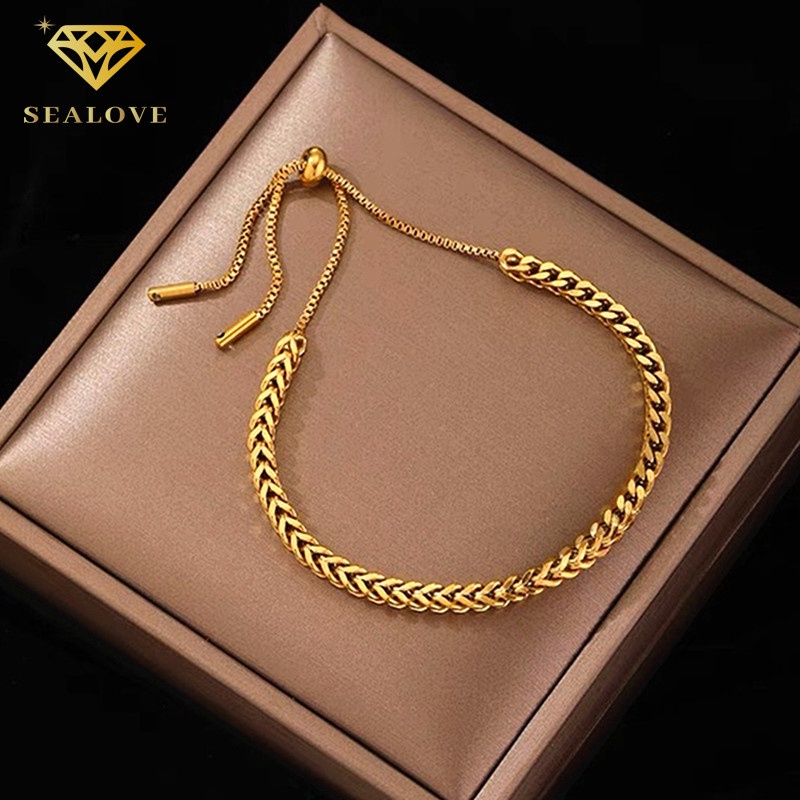 Gelang serut Titanium Wanita Anti Karat dan tidak luntur Emas 18k simple rantai bracelet aksesoris fashion korea