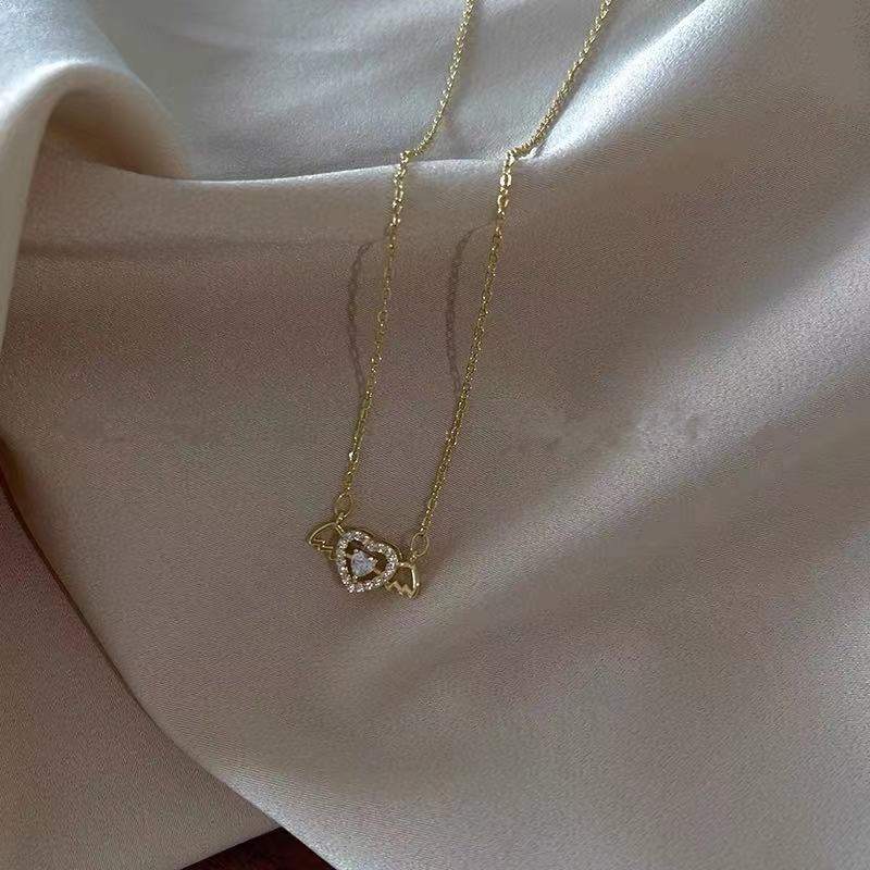 Kalung Rantai Lapis Emas 18K Dengan Liontin Sayap Malaikat + Hati + Cubic Zirconia Untuk Wanita