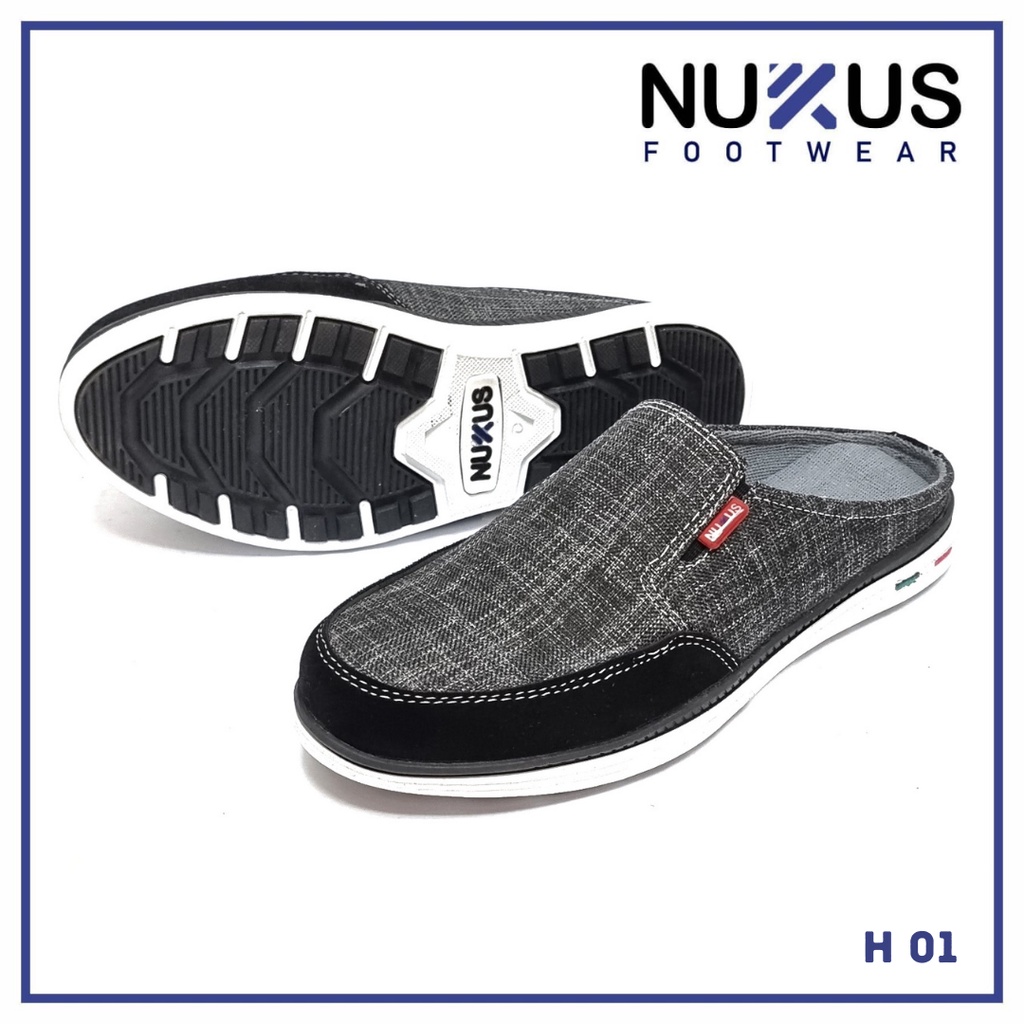 Nukus Sendal Selop Pria Bustong Sandal Kasual Santai Hitam dan Krem  - 01