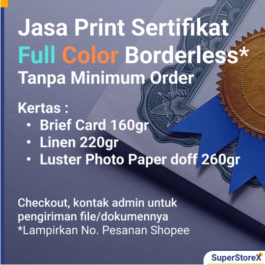 Jasa Print Cetak Sertifikat Piagam Full Color A4 - Ready Stock