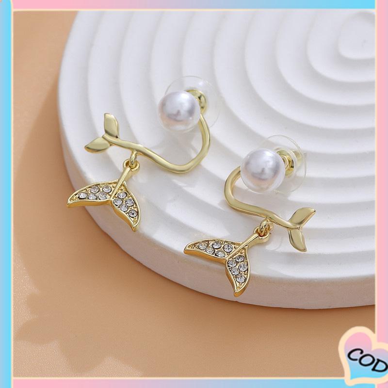 COD❤️ Pearl Fishtail Back Hanging Earrings Wanita High-end Cahaya Mewah Penuh Berlian Anting Geometris-A.one