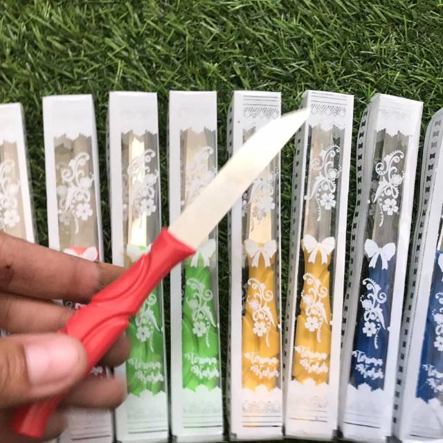Souvenir Pernikahan Pisau Kecil Pisau Kupas Buah Pisau Potong Roti Gagang Plastik Warna Warni kemas 