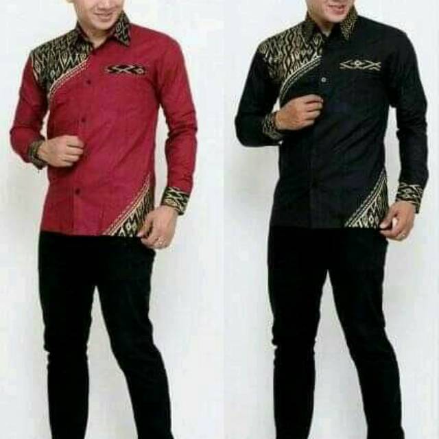 Baju kemeja batik kombinasi bordil emas