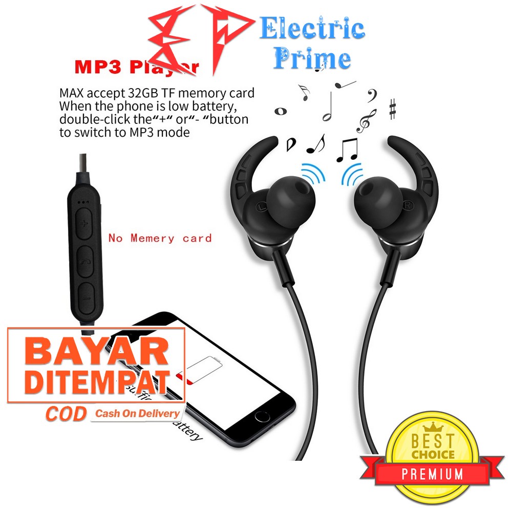 Earphone Wireless Handsfree Sport Bluetooth Earhook Headset Mic MP3 Player Metal Magnetik