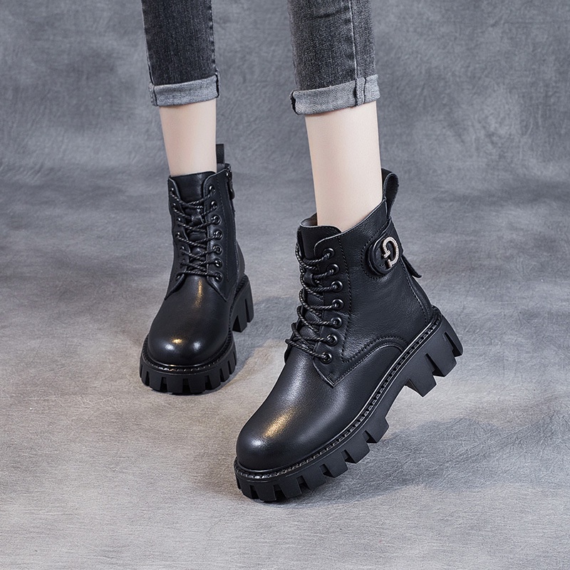 Sepatu Boot Kulit Wanita Branded Kulit Martin Boots Wanita Tebal Bawah Meningkat Lace-Up Zip Sepatu 