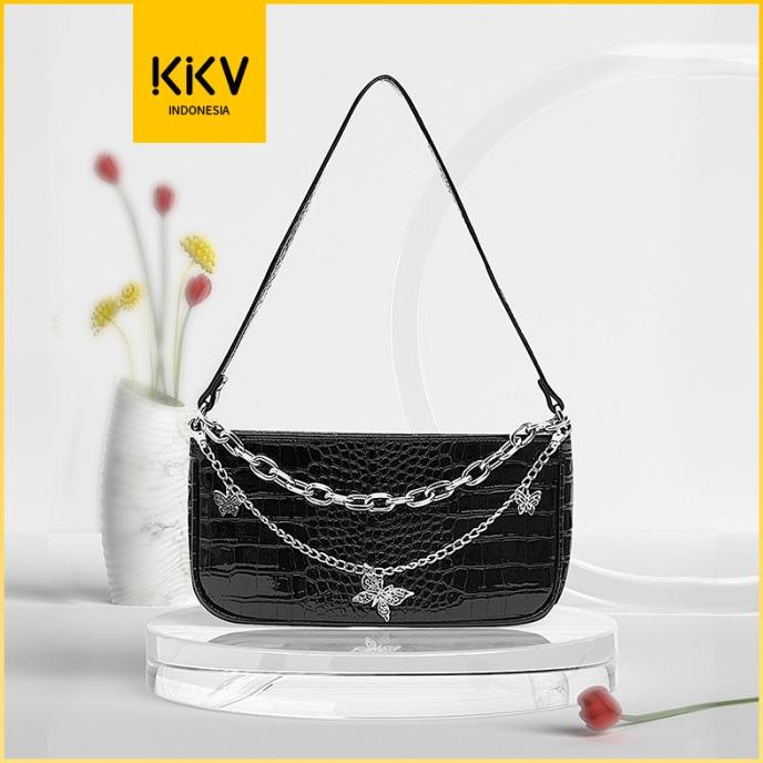 KKV JM Tas Shoulder Bag Wanita PU Hitam Motif Crocodile Aksesoris Kupu