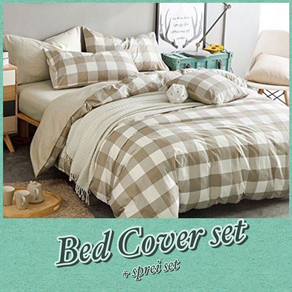 BEDCOVER SET AESTHETIC EMILY / Bedcover Aesthetic Korea Gingham Khaki