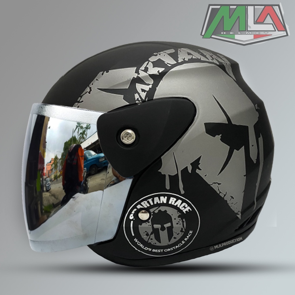 Helm Half Face Evo Inovation SNI Mirip Seperti Helm GM Motif Spartan Untuk Pria Dan Wanita Dewasa Cod - MLA HITAM DOF/SILVER