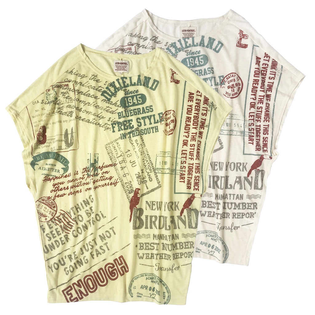 TUNIK KAOS SHEER KELELAWAR KUNING KREM MOTIF TULISAN VINTAGE IMPORT