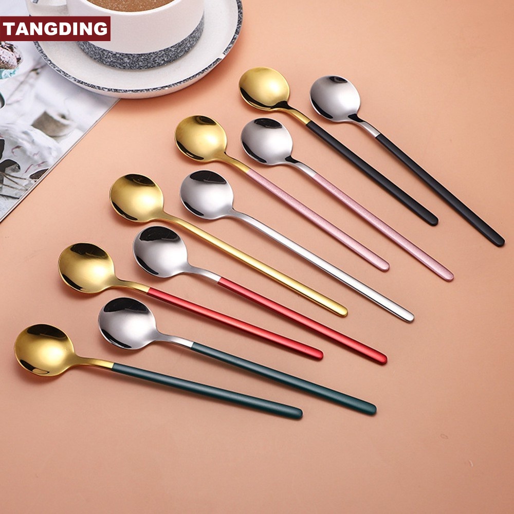 【COD Tangding】Round Head Spoon Cute Long Handle Spoon Stainless Steel Soup Spoon Dinner Spoon Western Food Spoon Adult Large Spoon