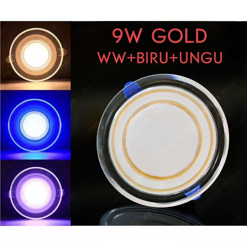 Lampu Downlight 9watt  gold 3 Warna Kuning Biru Ungu (Putih+Kuning+WarmWhite)