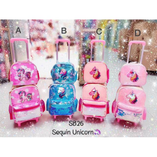 Tas Troli Sequin Unicorn dan LOL / Paket Tas Trolley Anak