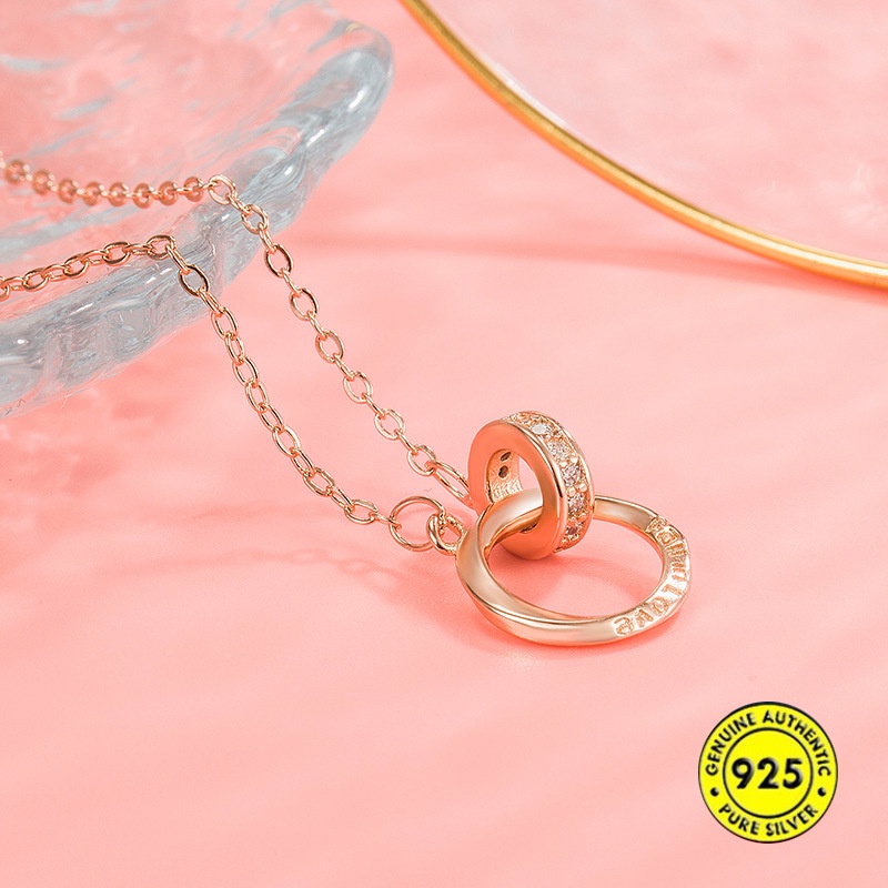 Kalung Rantai Sterling Silver 925 Dengan Liontin Cincin Ganda Untuk Wanita