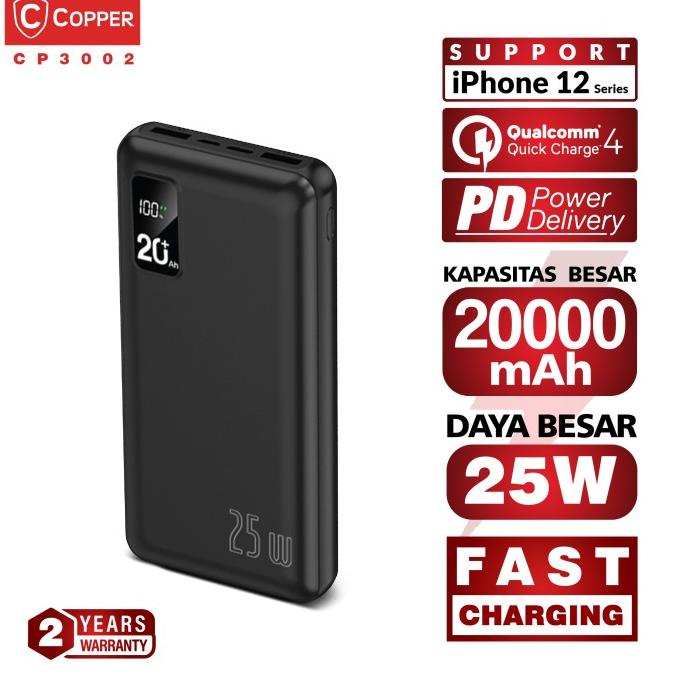 COPPER POWERBANK LED 20000 MAH - CP3002 | 25W POWER DELIVERY QC 4.0 - Putih