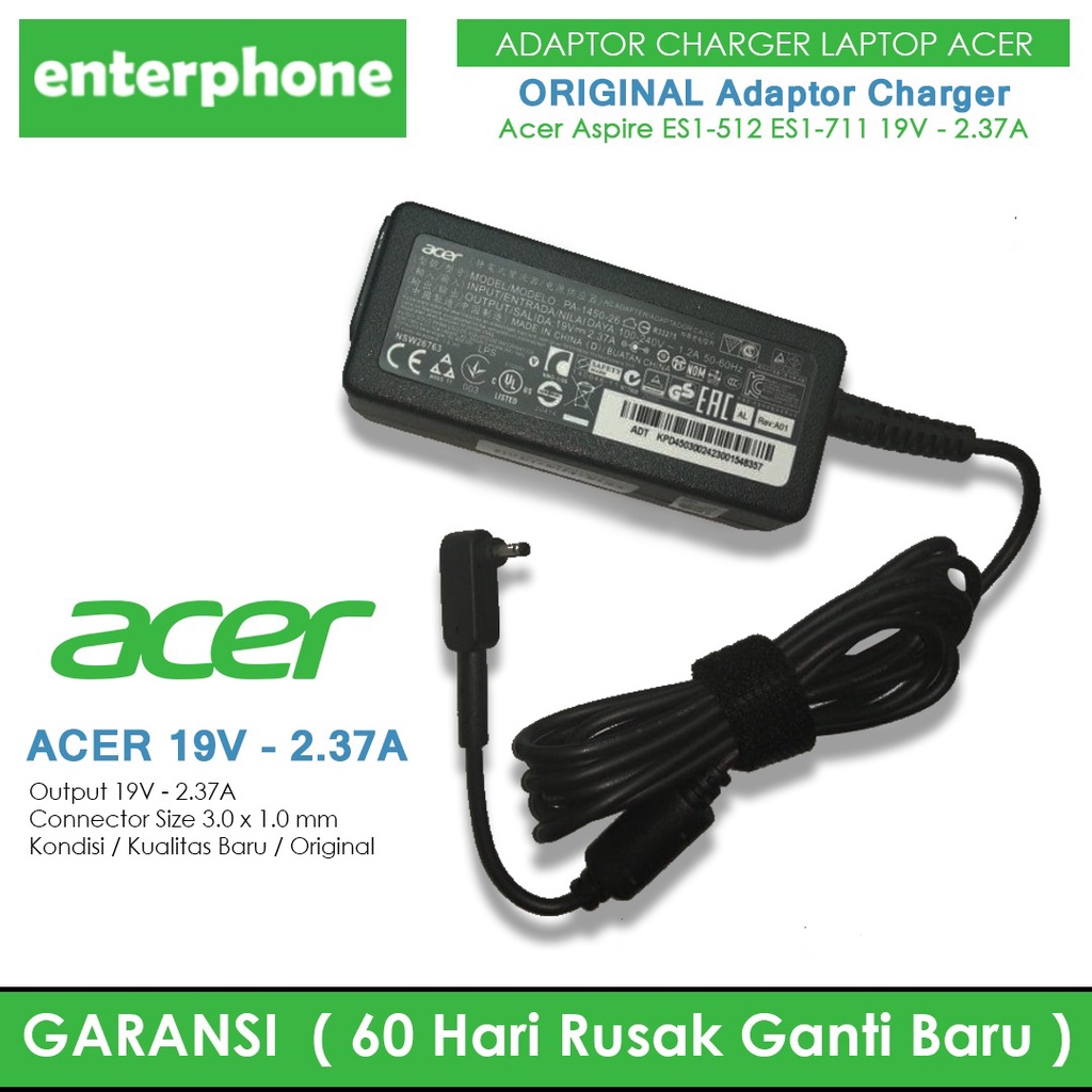 ADAPTOR CHARGER LAPTOP ACER 19V - 2.37A COLOKAN KECIL NEW ORIGINAL