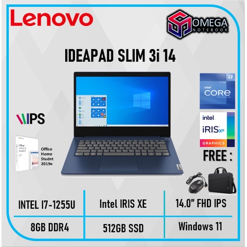 LENOVO IDEAPAD SLIM 3i 14 12th Gen Intel I7 1255U 8GB 512SSD IRISXE W11+OHS 14.0&quot; FHD IPS