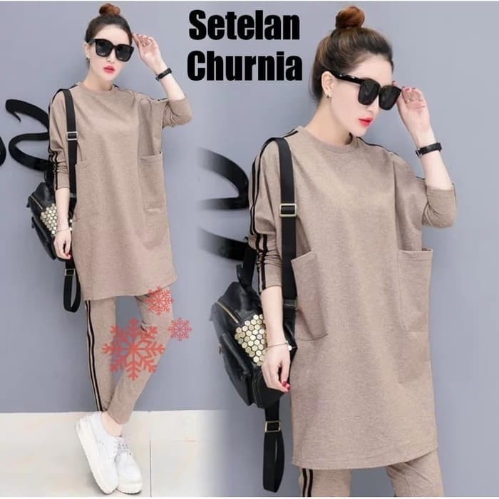 Pra- Best Item Setelan Baju Remaja Inji Abu Hitam Modis Gaul O ZG383 Stelan Churnia Mocca [ Wanita