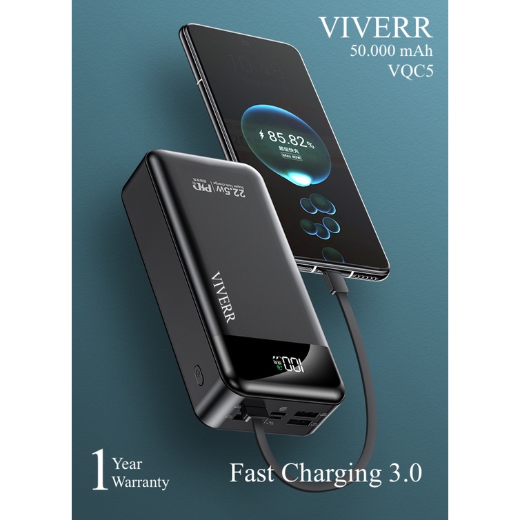 Powerbank VIVERR Quick charging pengisian super cepat type VQC5 kapasitas 50.000mAh original real kapasitas garansi 1 tahun.