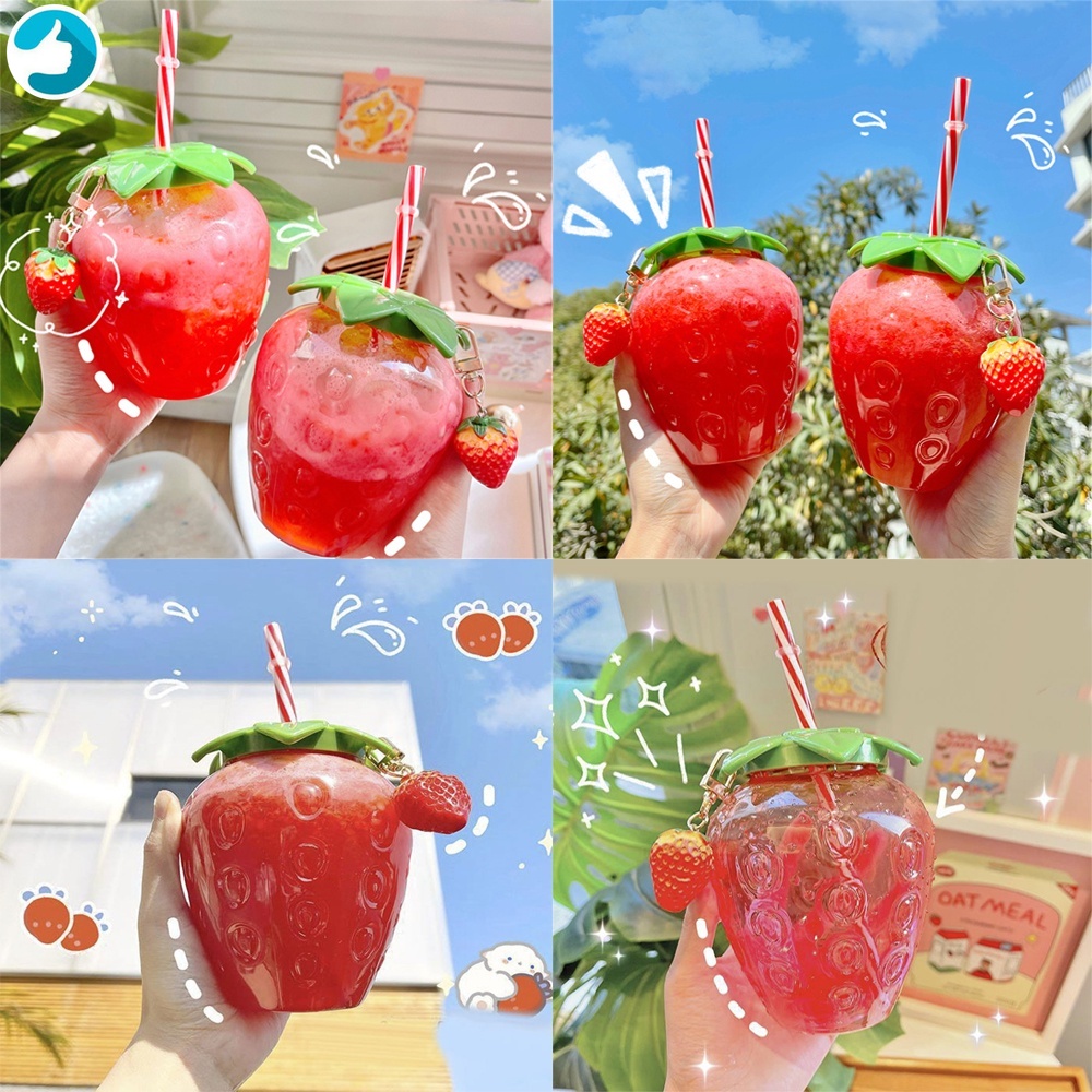 Botol Minum Bentuk Strawberry Dengan Sedotan Ukuran 500ml Untuk Pelajar