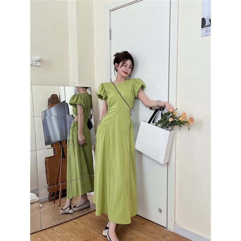 Mini Dress Hijau Lengan Pendek Gaun Wanita Musim Panas Gadis Panas Serut Hollow Puff Lengan A-line P