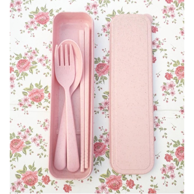 Sendok Set Jerami Souvenir Korean Sumpit Travel Gandum Unik Alat Makan Kado Lunch Box Kotak Makan-PINK