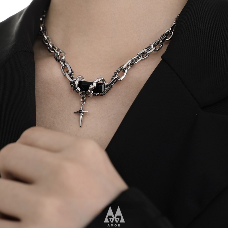 Kalung Rantai Klavikula multi layer Hias Permata Hitam Untuk unisex