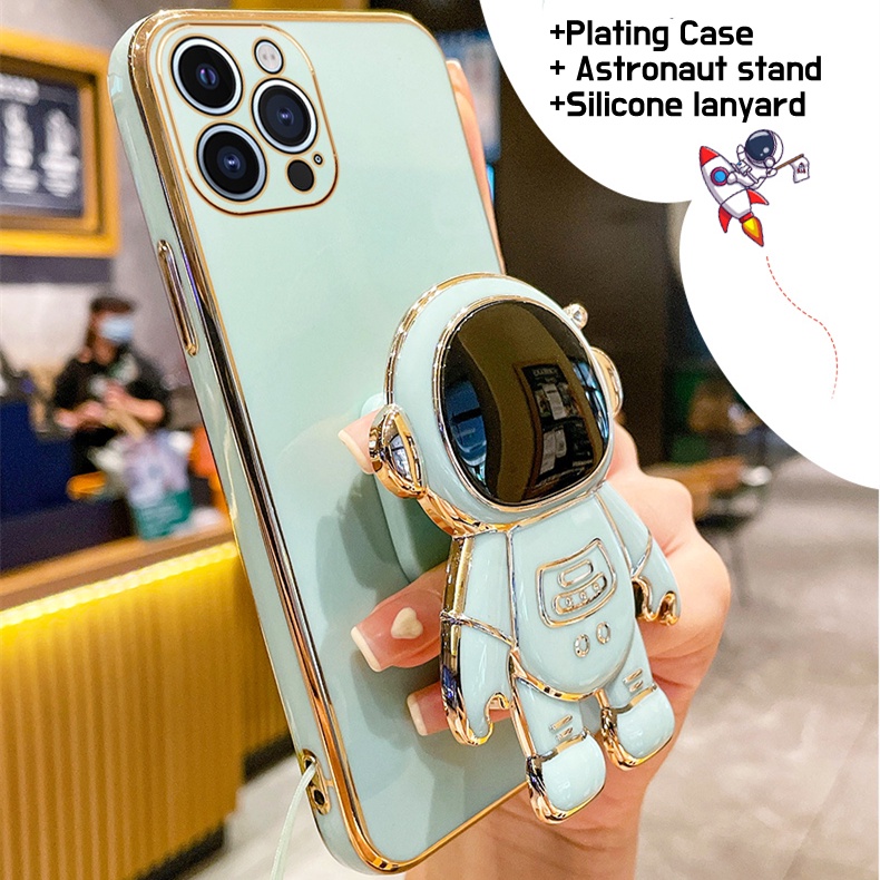 Casing Iphone 14 Plus 14 13 12 11 Pro Max Motif Astronot 6D Electroplating Dengan Stand Lanyard Drop