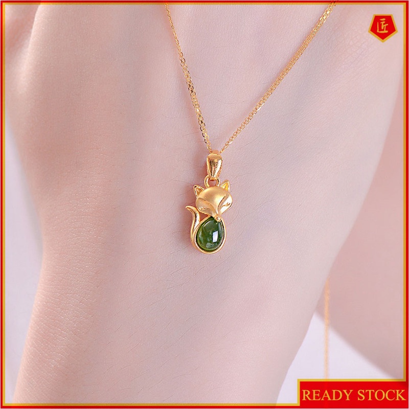 [Ready Stock]Fashion Gold Plated Emerald Fox Pendant Necklace