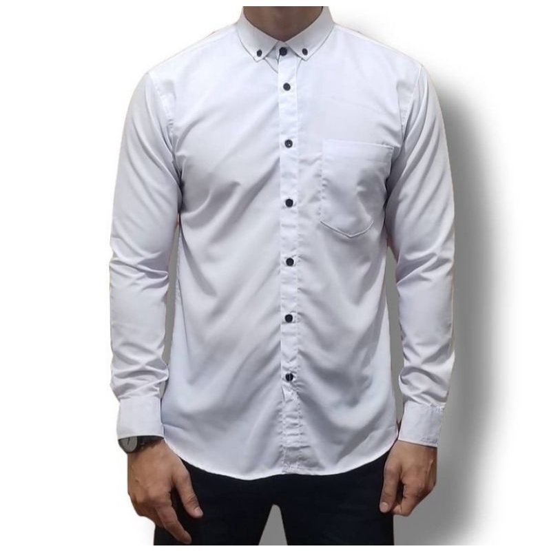 HDR.CO Kemeja pria Polos Lengan Panjang Basic Kasual hem putih cowok baju kerja kantor