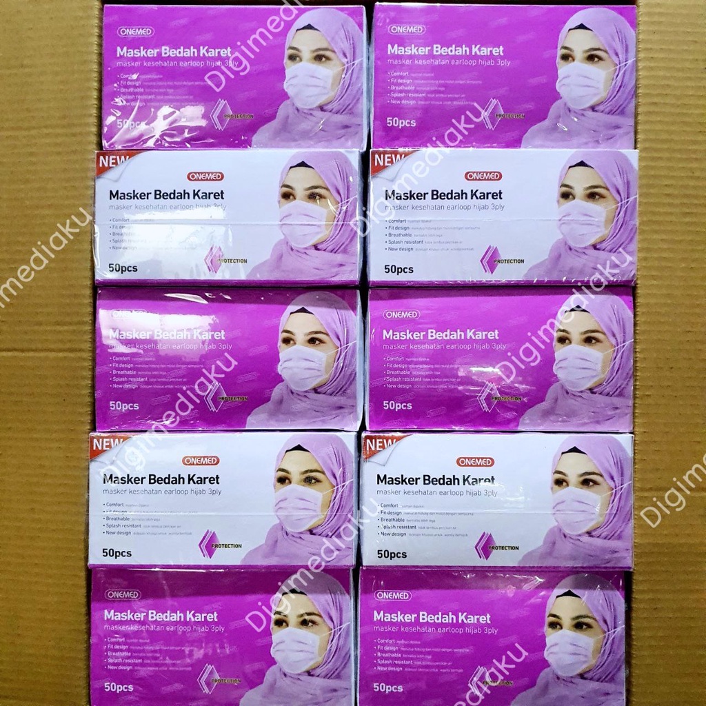 Masker Hijab Ungu 3Ply Masker Jilbab Ungu Masker Medis Onemed isi 50pc