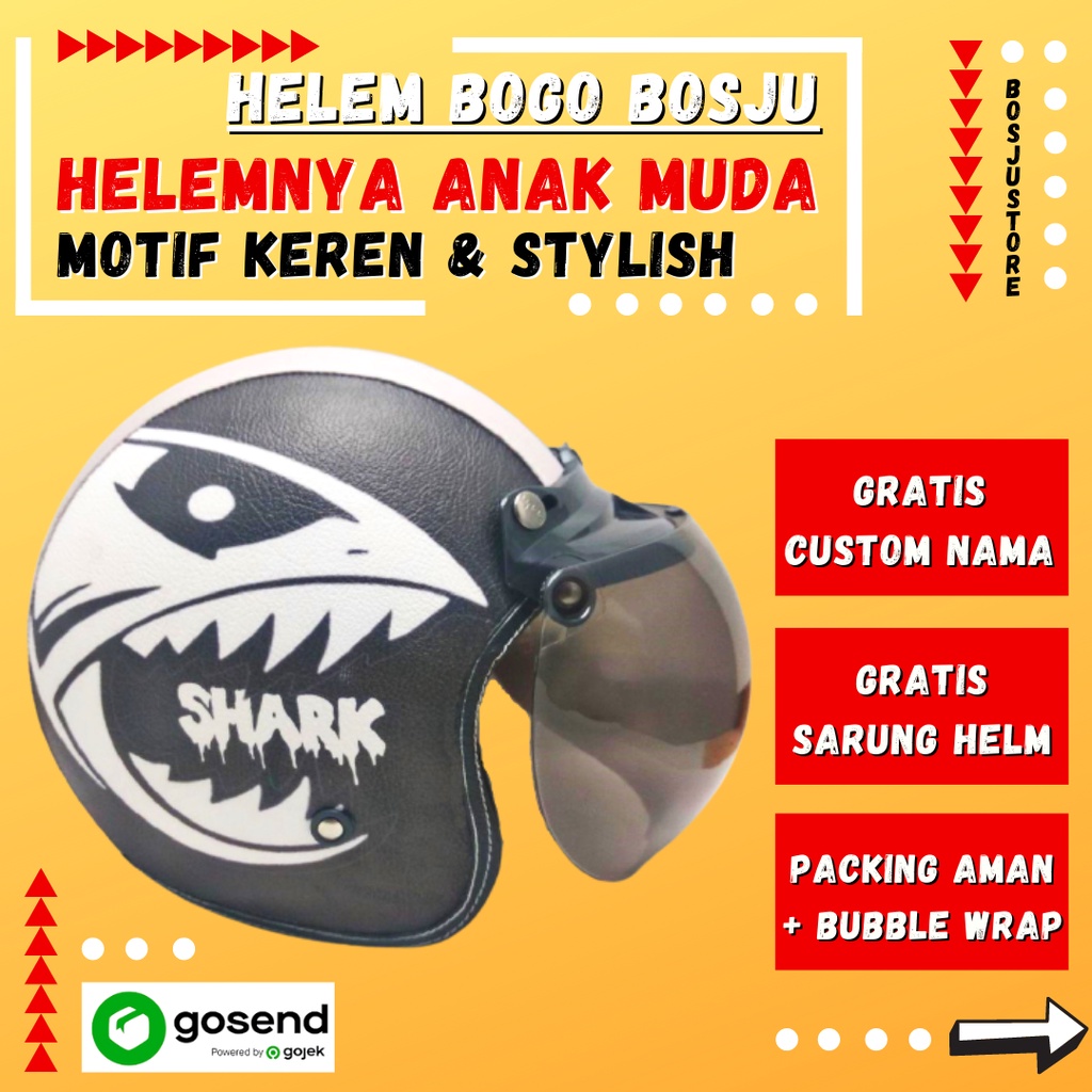 HELM BOGO RETRO KULIT WANITA DEWASA KACA DATAR CLASSIC MOTIF IKAN HIU HITAM PUTIH - HELEM BOGO BOSJU