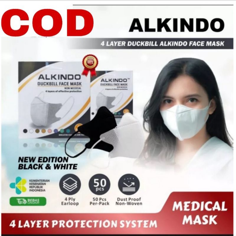 MASKER DUCKBILL 3PLY ALKINDO HITAM PUTIH FACE MASK KEMENKES HITAM / PUTIH - BLACK / WHITE