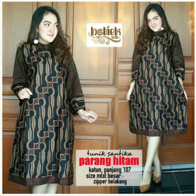 TUNIK SANTIKA PARANG HITAM / TUNIK BATIK WANITA MODERN PARANG SOGAN / DRESS BATIK KERJA