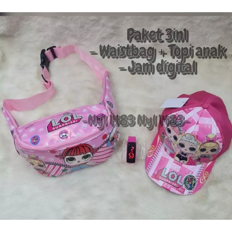 3in1 waiatbag anak lol+topi lol+jam digital