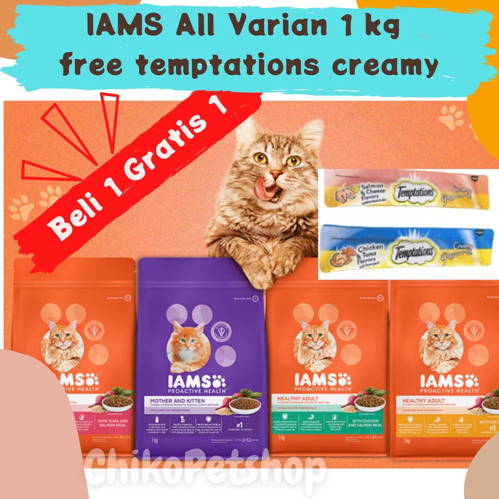 Makanan Kucing IAMS ADULT / INDOOR/ KITTEN 1 KG FREE Temptation creamy