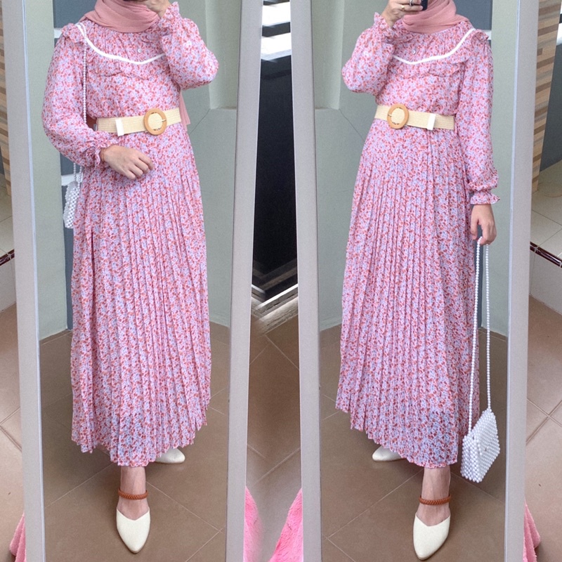 Gamis korean plisket free belt import by yuna fashion korea