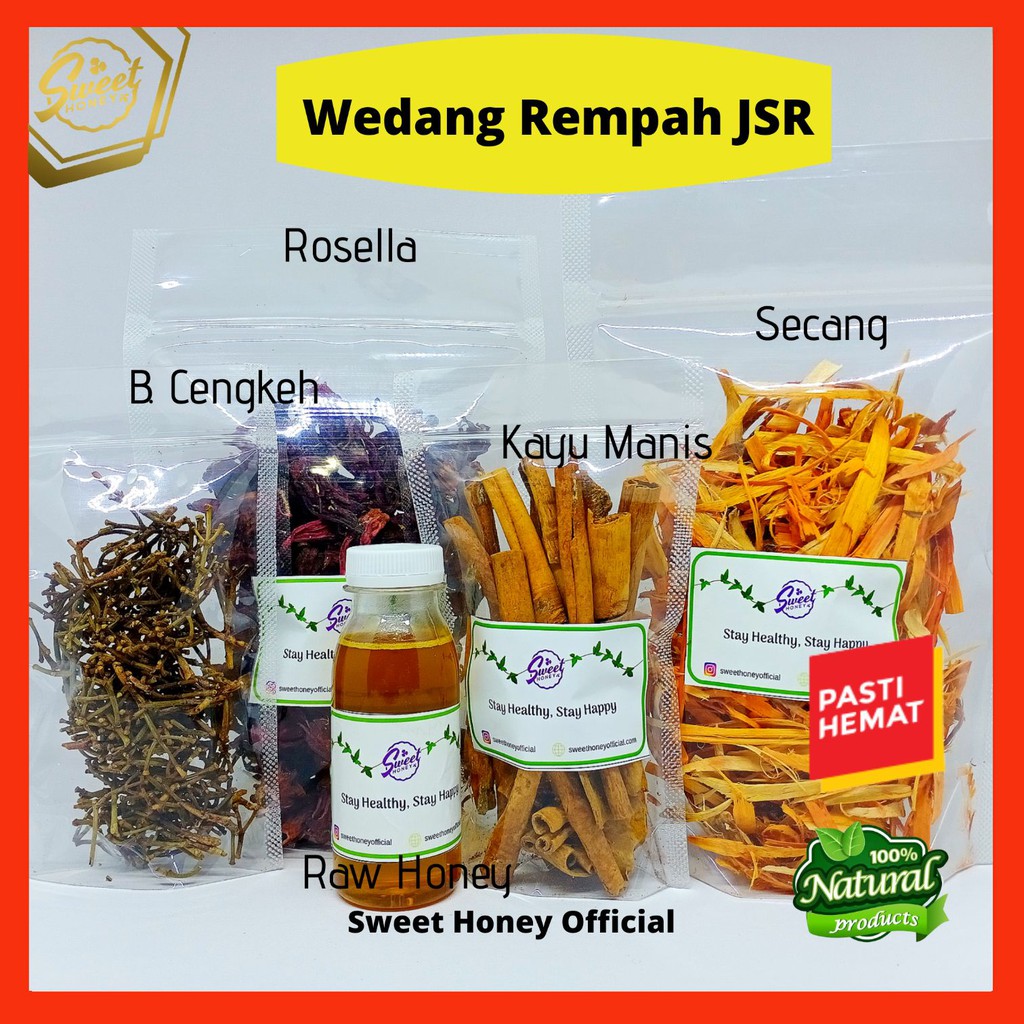 

Wedang Rempeh JSR Kayu Secang Serut Bunga Rosela Kayu Manis Cinnamon Batang cengkeh MaduMurni