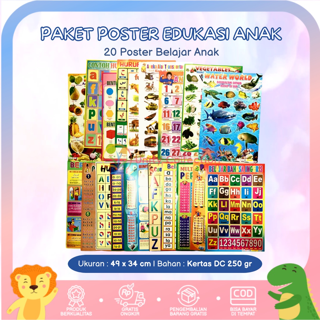 Poster 20 Lembar Tempel Dinding Edukasi Anak Belajar Abjad, Buah, Matematika, Aneka Hewan