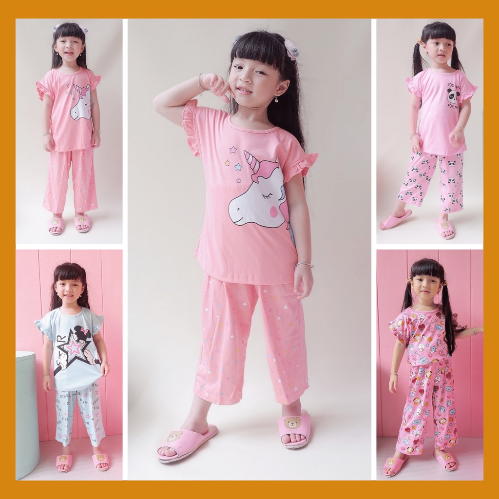 Baju Setelan Rumah Anak Perempuan Celana 3/4 Setcel Santai 4-15 Tahun