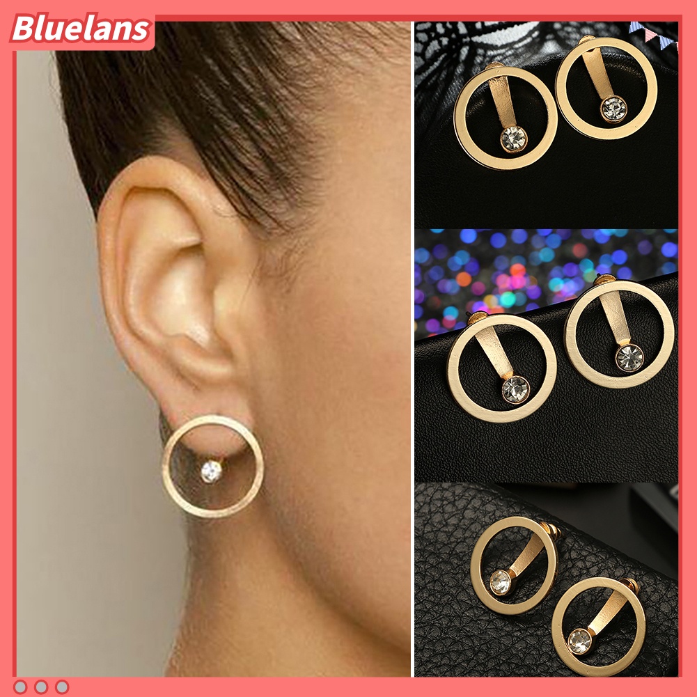 Bluelans Anting Tusuk Dua Sisi Bentuk Lingkaran Hollow Aksen Berlian Imitasi Untuk Wanita