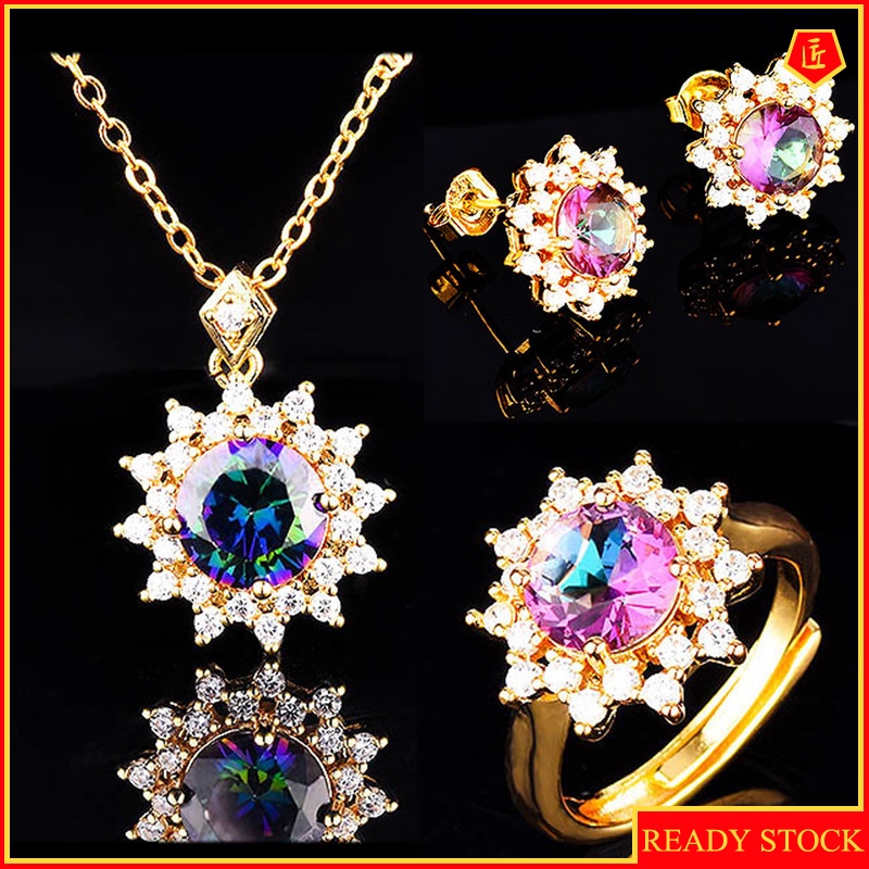 [Ready Stock]18K Gold Open Ring Snowflake Ear Stud Necklace Set