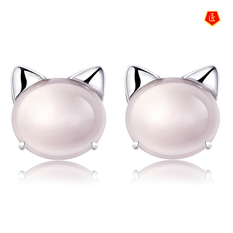 [Ready Stock]Women's Cute Cat Ross Quartz Pink Crystal Silver Stud Earrings