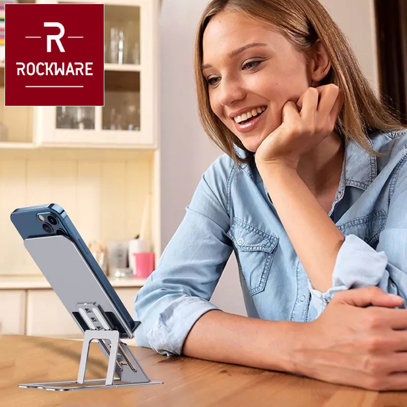 ROCKWARE Slim Folding Metal Desktop Stand - Mobile Phones and Tablets