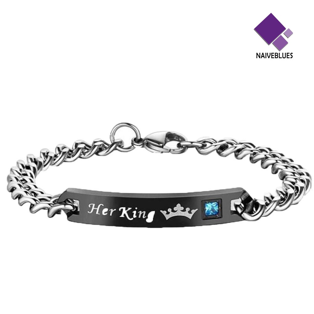 Naiveblue Gelang Tangan Rantai Baja Motif Tulisan His Queen / Her King Untuk Pasangan / Pria / Wanita