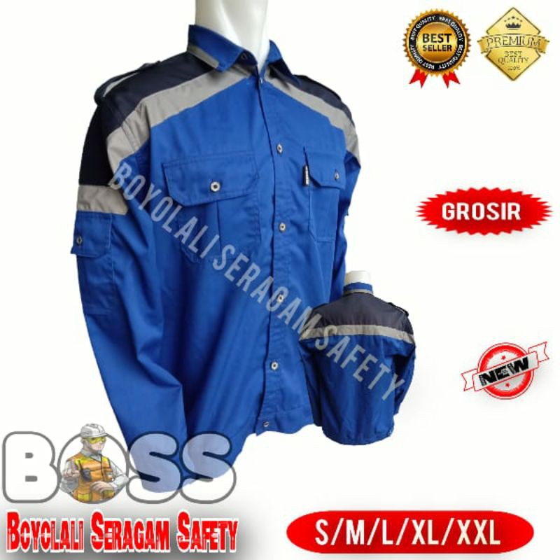 BAJU SERAGAM SAFETY KOMBINASI BIRU NAVY FREE LOGO K3 BENDERA