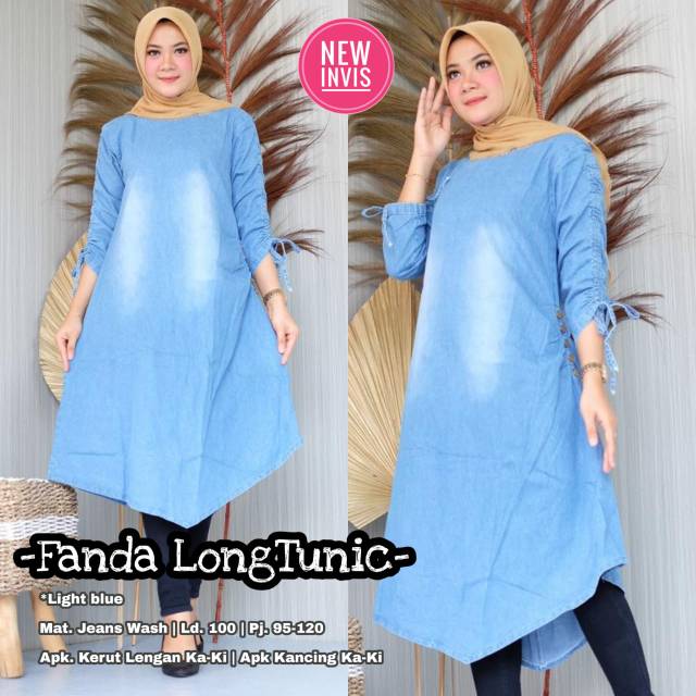 Tunik Jeans Wash Long Lengan Serut Tali Kanan Kiri apk Kancing Kanan Kiri  Bahan Halus dan Nyaman